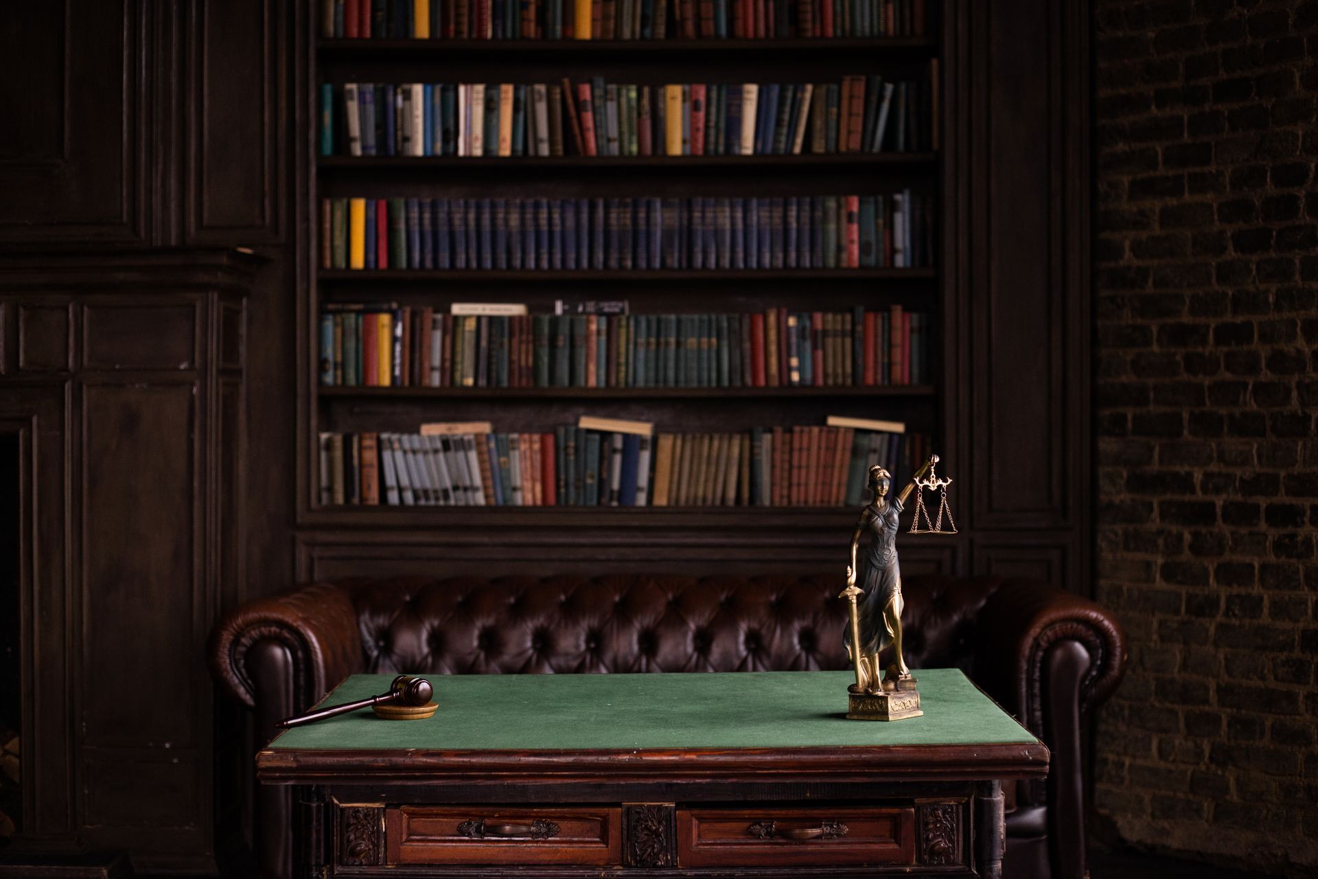 Biblioteca jurídica con balanza de la justicia — Idrobo & Llerena Abogados